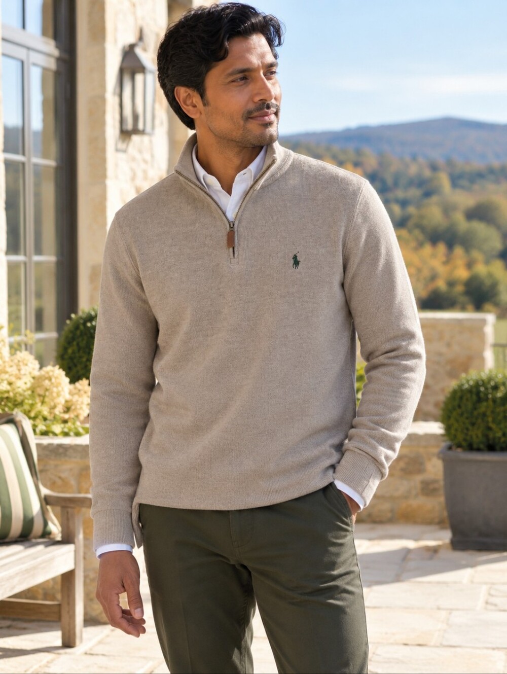 Polo Ralph Lauren Cotton Quarter Zip Sweater S Oatmeal Leather Pull Green Pony